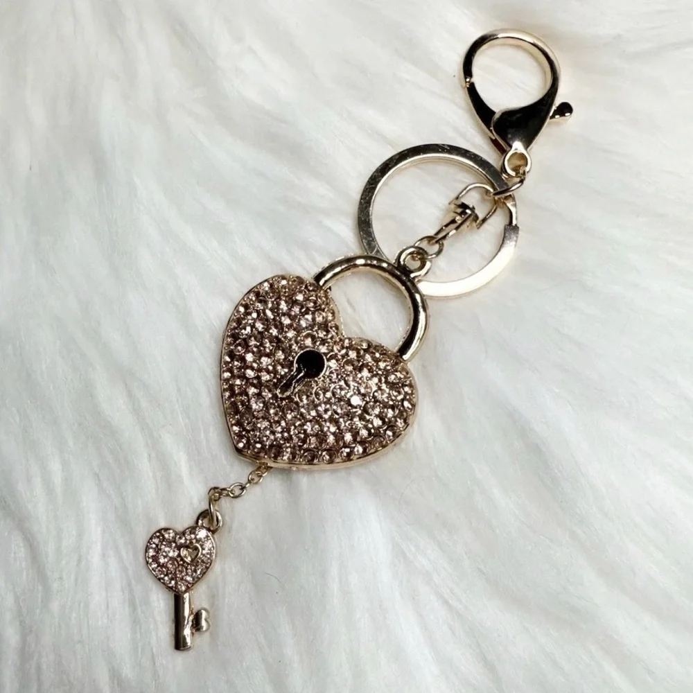 Lock and Key Bag Charm Keychain Keyring purse Heart Bling pendant Gift